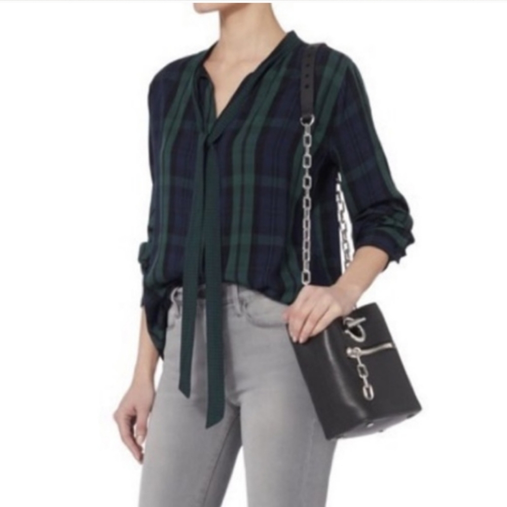 Rails Corinne Navy and Green Plaid Tie Blouse